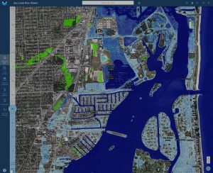 A topographical map of estimated sea level rise intrusion on the Miami area.