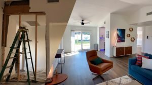 A split image showing a ladder, busted drywall, and a dark dusty living room on the left. On the right side is our finished net-zero home renovation project living room, with mid century modern furniture, bright white walls, and an open concept.