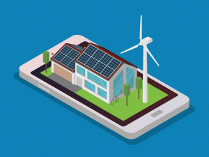 A cartoon picture of a modern house with solar panels on the roof, a wind turbine next to it, and the outline around the house is actually an iPhone.