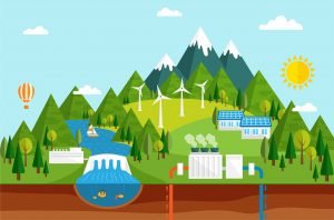 A cartoon diagram of solar energy alternatives, including wind turbines, hydro power, and geothermal systems displayed on the side of a mountain.