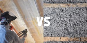 A picture of a man spray foaming the attic ceiling on the left side, and a picture of a close up with grey fibers showing blown in cellulose on the right side of this versus comparison.