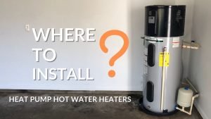 A picture of a heat pump hot water heater in the corner of a garage by itself with the words Where to Install? In big letters.