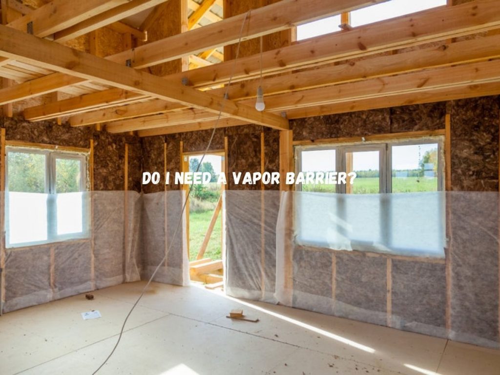Photo of the interior of a home under construction with exposed insulation partly covered by a vapor barrier and the caption "Do I need a vapor barrier?"