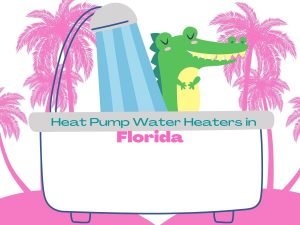 Graphic of a crocodile in the shower with pink palm trees in the background and the caption "Heat Pump Water Heaters in Florida"