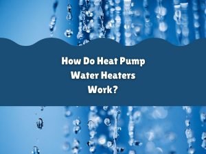 Photo of falling water droplets against a blue background with the caption "How Do Heat Pump Water Heaters Work?"