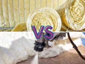 Two photos depicting Rockwool insulation and spray foam insulation in one frame with the caption "versus"