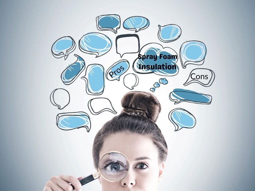 Closeup photo of a woman holding a magnifying glass with cartoon word balloons around her head the read "spray foam insulation" "pros" and "cons."