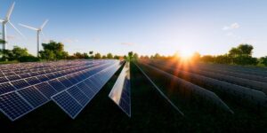 a picture of the sun setting in the background with a field of solar panels and wind turbines in the foreground.