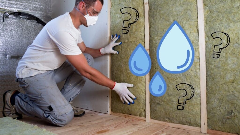 A man working on insulation in the wall, with a water symbol and question marks to the right of him.