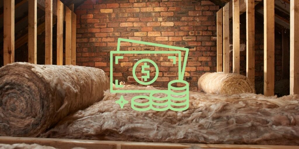A picture of an attic with insulation on the floor of it, and a money sign in the middle.