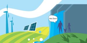 A picture of a cartoon family standing on a hill looking at hydro, solar, and wind turbine power plants.