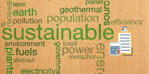 a collage of sustainability and renewable energy-related keywords in green font with a tan background and a calculator image to the right