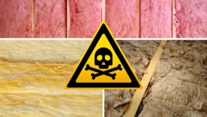 A picture of fiberglass, cellulose, and spray foam insulation in boxes, with a toxic skull symbol overtop all of them in the middle.