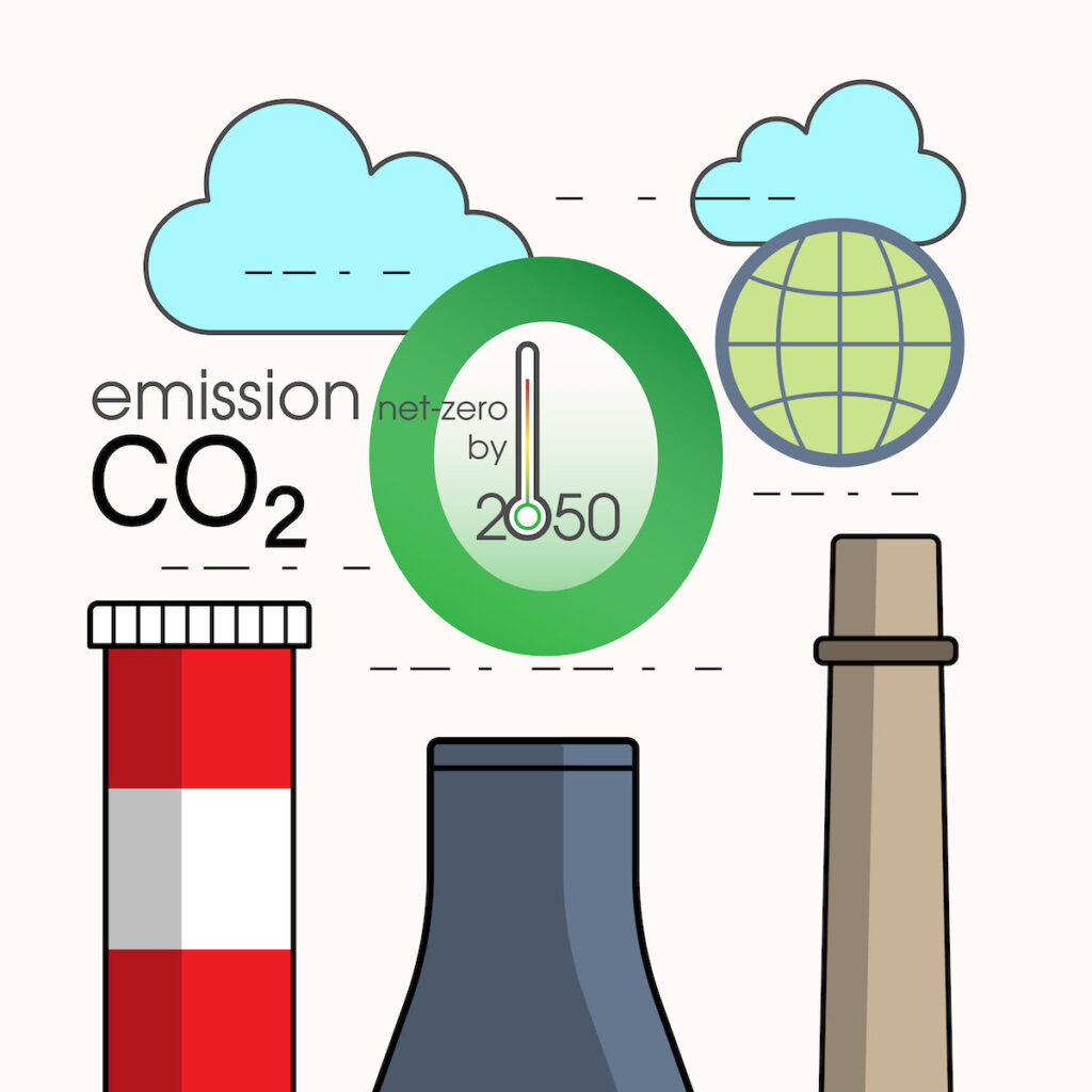 a graphic image of smoke stacks, clouds, and the words net zero by 2050 written in the middle.