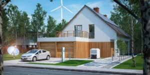 a picture of a solar home with a wind turbine in the background, and an electric car plugged in sitting in the driveway.