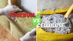 A split picture showing Rockwool insulation on the left side, and Cellulose insulation in a bag on the right with the words Rockwool vs. Cellulose written in the middle.