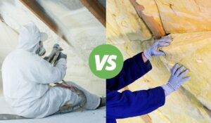 A split image with a man on the left side spraying spray foam insulation, and a person on the right side installing fiberglass insulation batts.