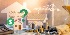 a picture of two houses with a crane over it, and money dollars and cents around the model homes