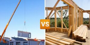 Side-by-side photos of modular/prefabricated construction and traditional construction with a "versus" graphic in the middle for prefab ADUs vs site-built ones.