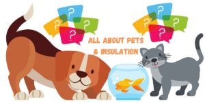 Cartoon image of a dog, goldfish in a bowl, and a cat with question marks and the caption "All About Pets and Insulation."