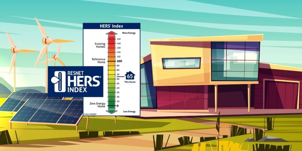 a graphical drawing of a cartoon house with wind turbines and solar in the yard, and the HERS index scale from 1 to 100 in the foreground