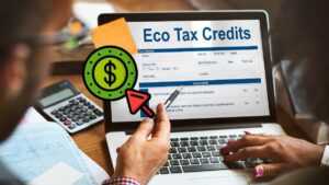 two people looking at a laptop screen that shows a page called Eco Tax Credits