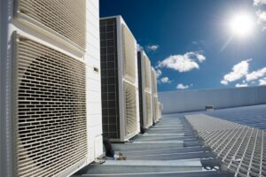 HVAC air vents on the roof of an industrial building