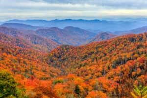 A view of the North Carolina Smoky Mountains peaks and valleys in Autumn