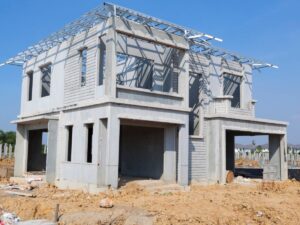 A home being constructed from aircrete blocks