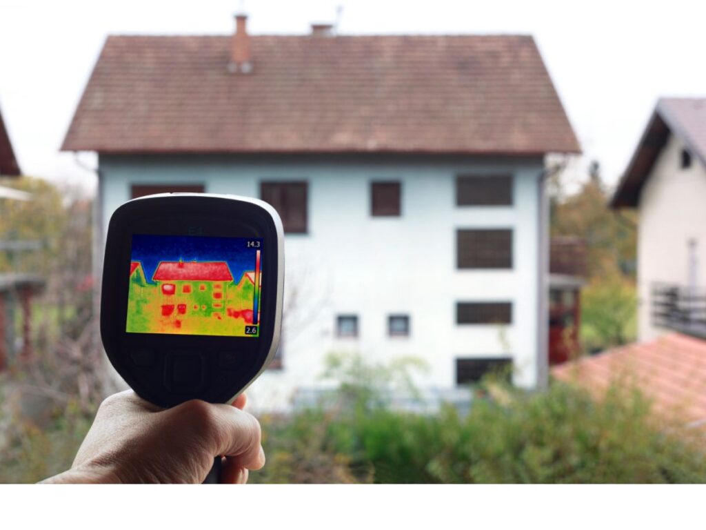 An Infrared Thermal Camera is used to record home heat loss outside a house