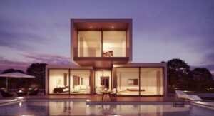 A front view of a sleek, modern modular home
