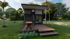 Exterior front view of a tiny home in Texas