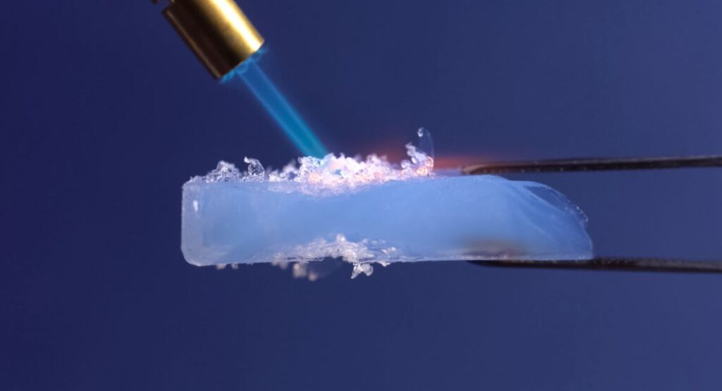 A piece of aerogel is heat-tested with a blowtorch