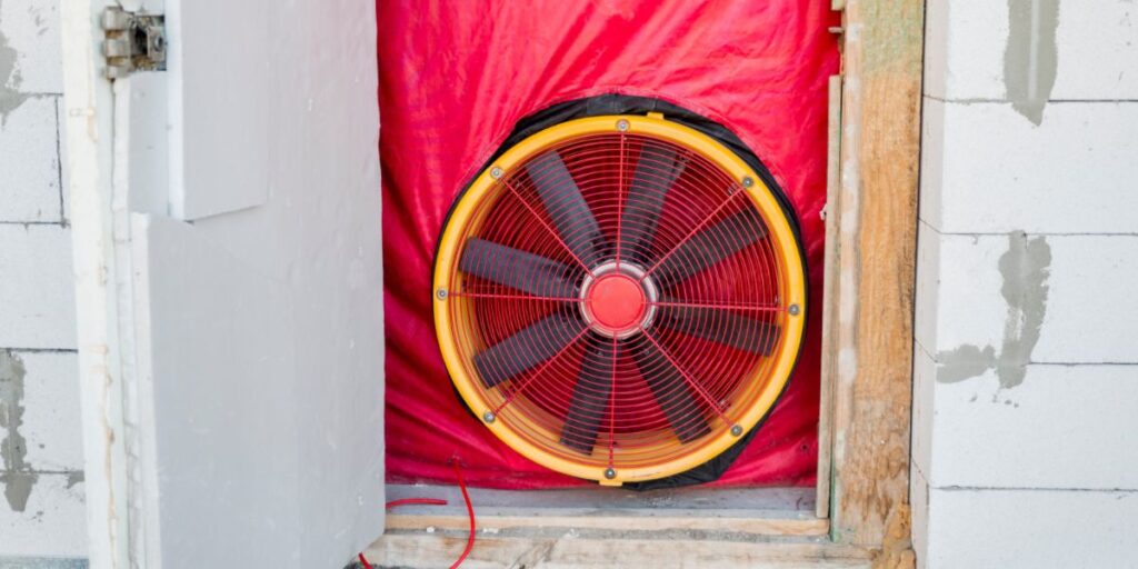 A blower door test setup installed in an exterior door of a home