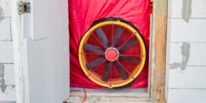 A blower door test setup installed in an exterior door of a home