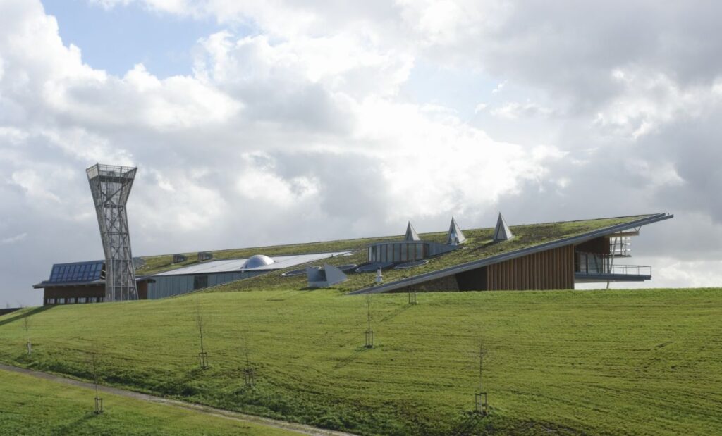 Landscape shot of a building using green roofing as a cool roof
