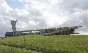 Landscape shot of a building using green roofing as a cool roof