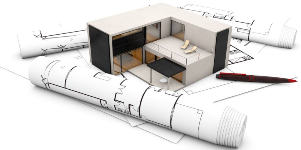 A graphic of a home kit house resting on a semi-rolled up floor plan