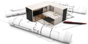 A graphic of a home kit house resting on a semi-rolled up floor plan