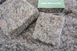 Hemp insulation batts are stacked on one another