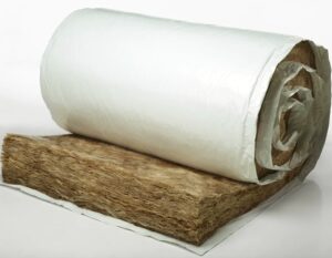 A roll of vinyl-faced insulation