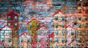 A graphic with the text "radon" written repeatedly superimposed above an illustration of the some houses