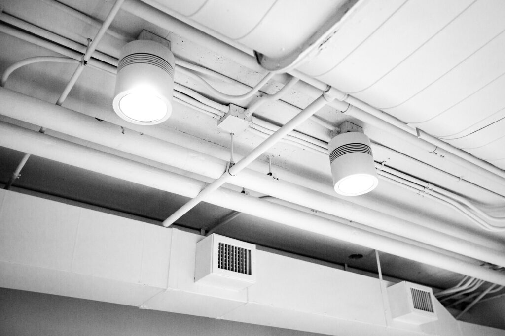 Vents on the ceiling of a building what are connected to an energy recovery ventilator