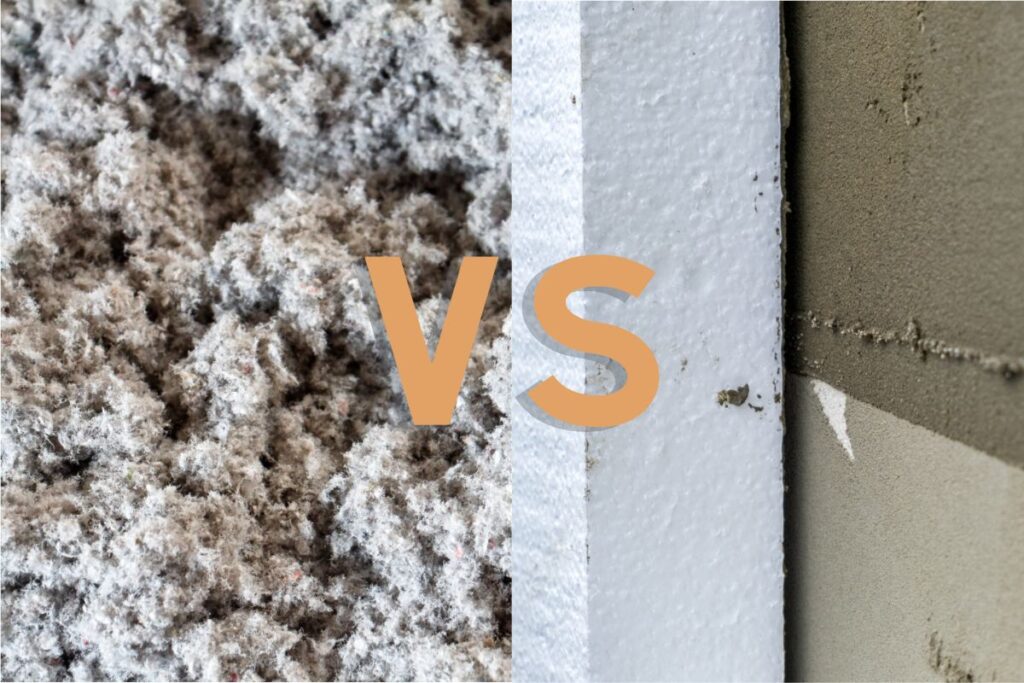 A graphic with closeups of rigid foam board and cellulose insulation transposed next to each other