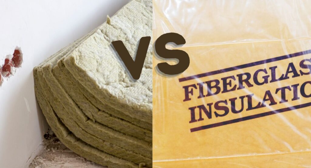 Batts of fiberglass and Rockwool insulation are shown next to each other