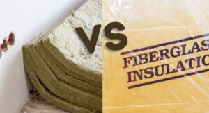 Batts of fiberglass and Rockwool insulation are shown next to each other