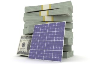 A graphic of a solar panel resting on a stack of cash