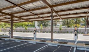 Stalls of a solar power electric vehicle charging station are displayed