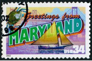 A poststamp from the state of Maryland, with illustrations showing some of the state's best-known landmarks