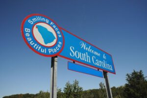 A sign at the state line welcomes visitors to South Carolina